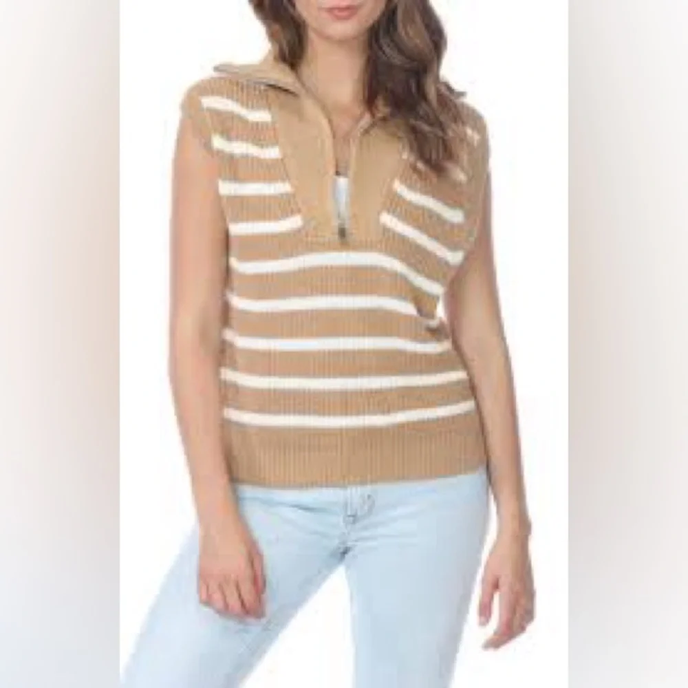 Rain & Rose oversized collar short sleeve striped zip up sweater medium - Picture 7 of 7